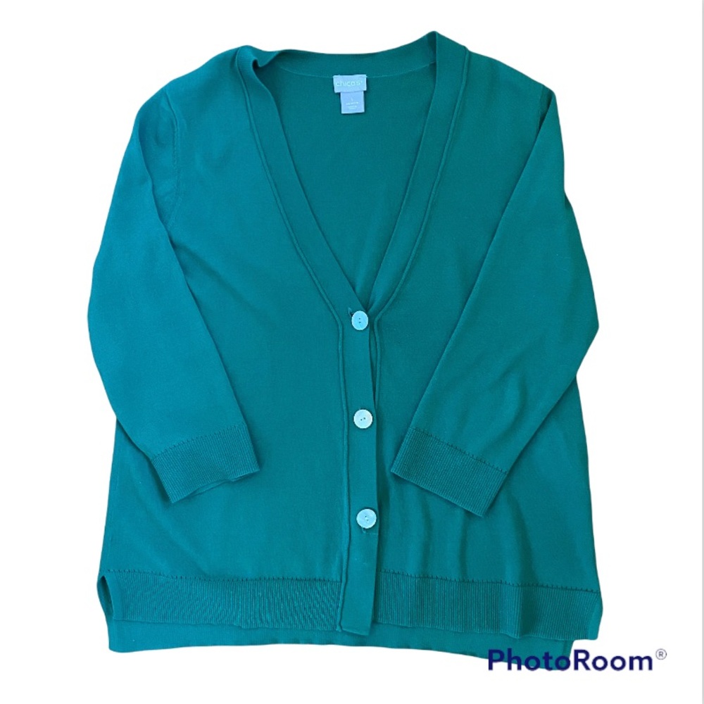 Chico’s size 1 (M) Kelly green cardigan, 3/4 sleeves.
